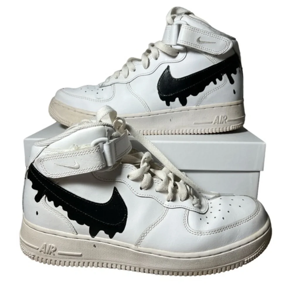 Nike Air Force 1 drip shoes sneakers Size 7Y white & customized black Nike logo